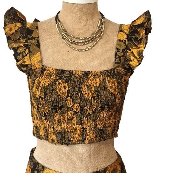 Kourt Tala Crop Top & Mini Skirt NWT NEW Set Size Small Black Yellow Gold Floral - Picture 3 of 14